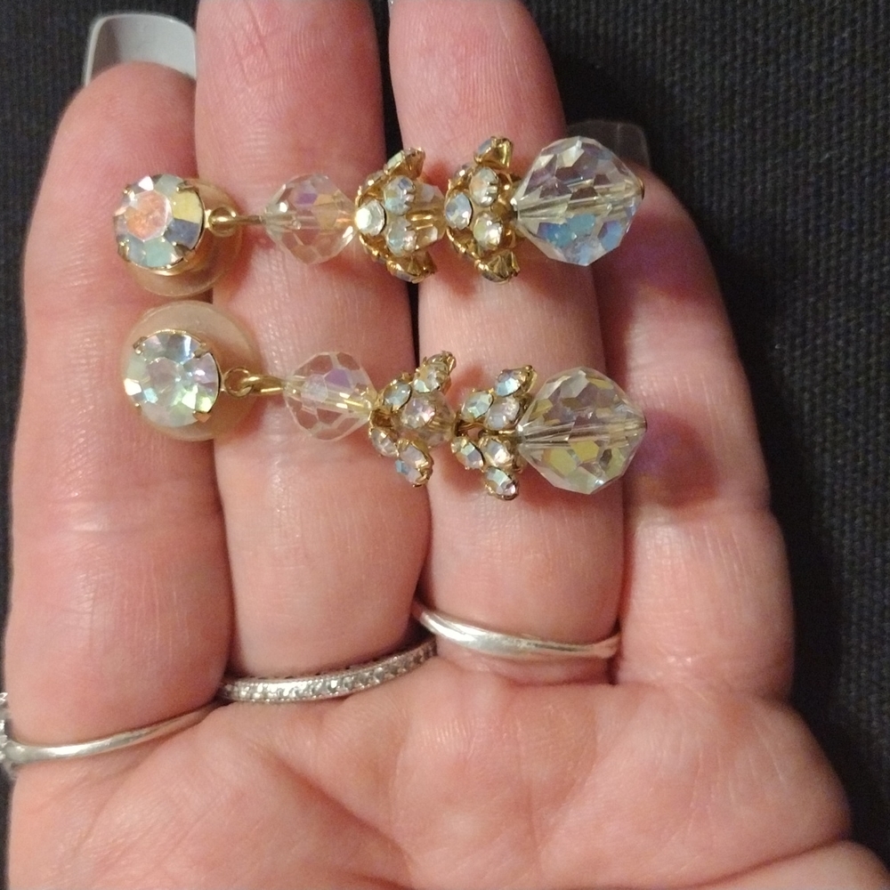 Vintage White Rhinestones & Glass Gold Tone Chandelier Pierced Earrings